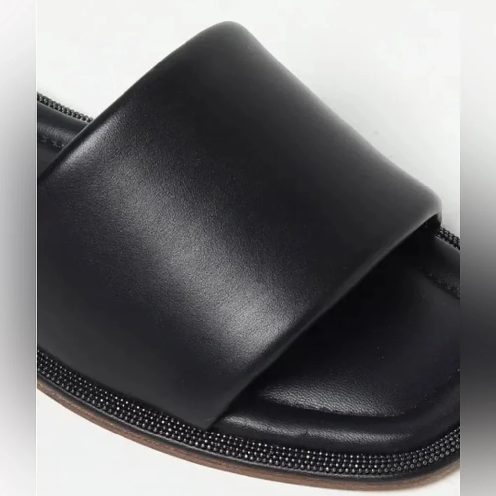 NEW BRUNELLO CUCINELLI SANDAL SLIDES BLACK LEATHER MONILI TRIM EU 40 US 9 9.5 10 - Picture 5 of 6